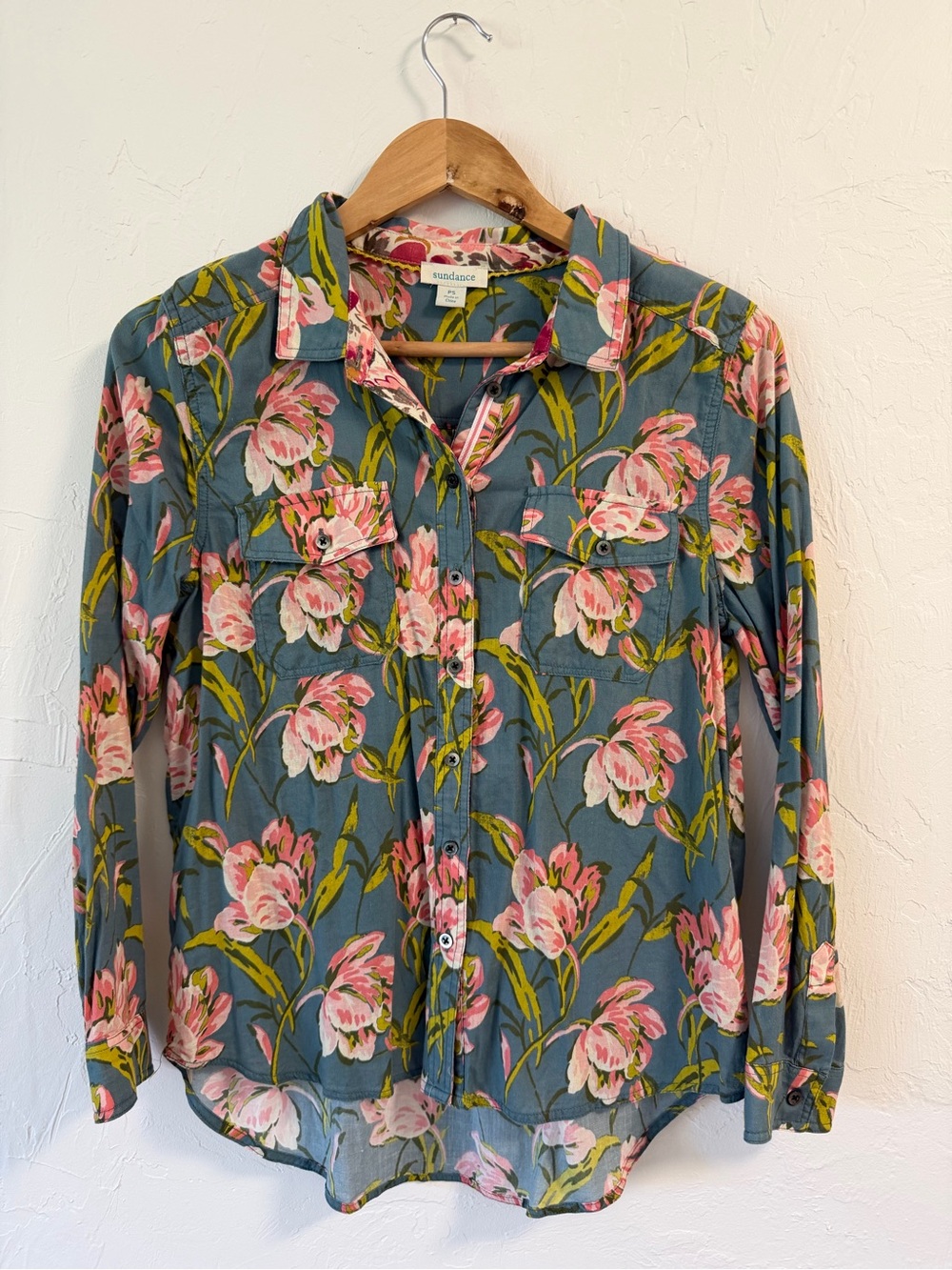 Sundance Floral Joy Shirt PS Blue Pink Floral Cotton Button Down